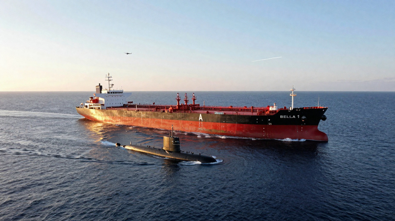 Öltanker und U-Boot fahren nebeneinander im Meer bei klarem Himmel im Abendlicht.