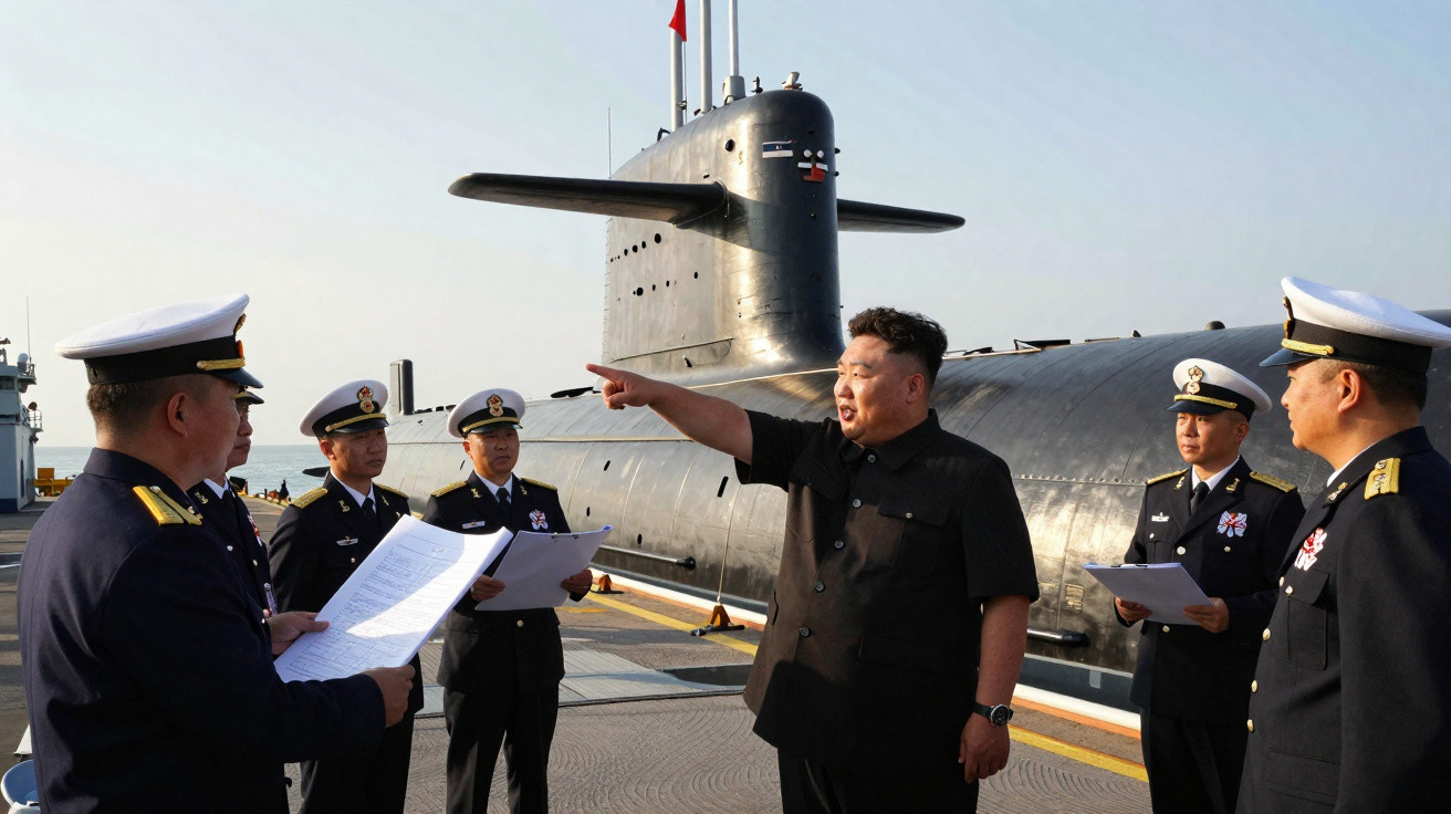 Nordkoreanischer Führer spricht mit Marineoffizieren auf einem U-Boot am Hafendock.