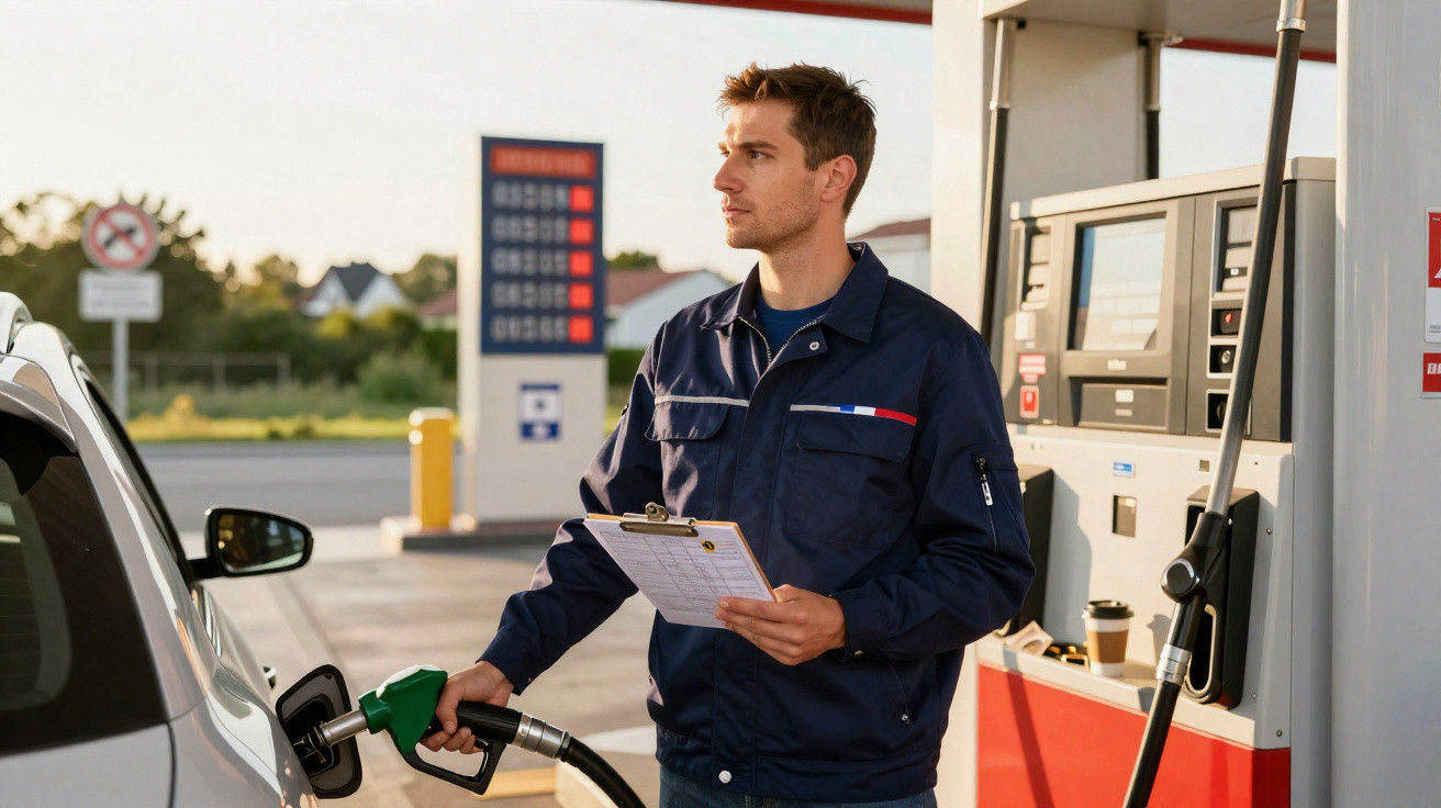Tankwart füllt Auto mit grünem Zapfhahn an Tankstelle, hält Klemmbrett in der Hand.