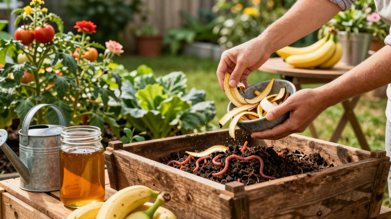 Hände geben Bananenschalen zu einem Kompost mit Regenwürmern in einem Garten mit Pflanzen und Gießkanne.