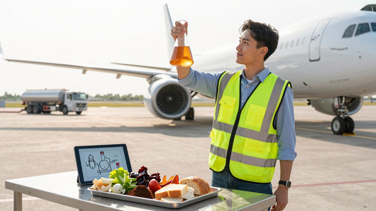 Mann in Warnweste hält Chemikalienflasche vor Flugzeug, daneben Tablett mit Lebensmitteln und Tablet auf Rollfeld.