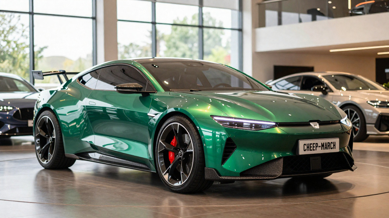Grünes Elektro-Sportauto Cheep-March in einem hellen Showroom mit großen Fenstern.