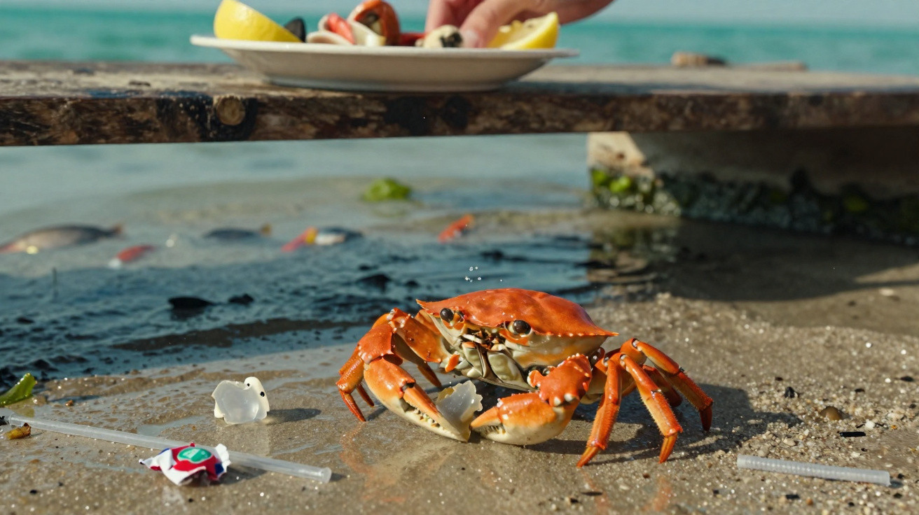 Rote Krabbe am Strand zwischen Plastikmüll und Essensplatte mit Hand im Hintergrund.