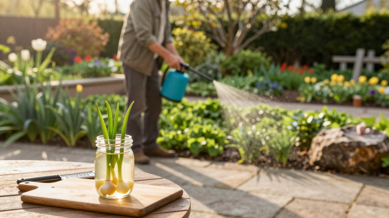 Junge Knoblauchpflanzen im Glas auf Schneidebrett, im Hintergrund Person gießt Gartenpflanzen mit Gießkanne.