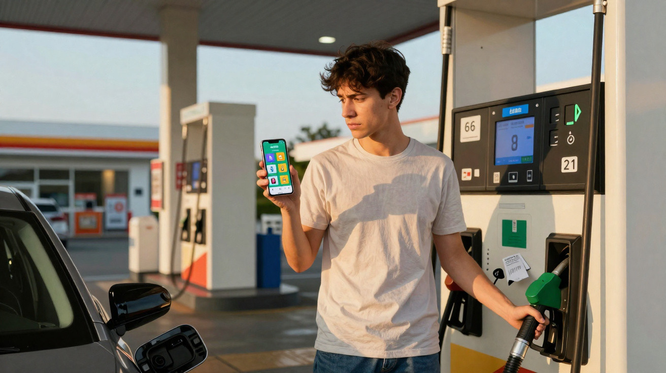 Junger Mann betankt Auto an Tankstelle und hält Smartphone mit App in der Hand.