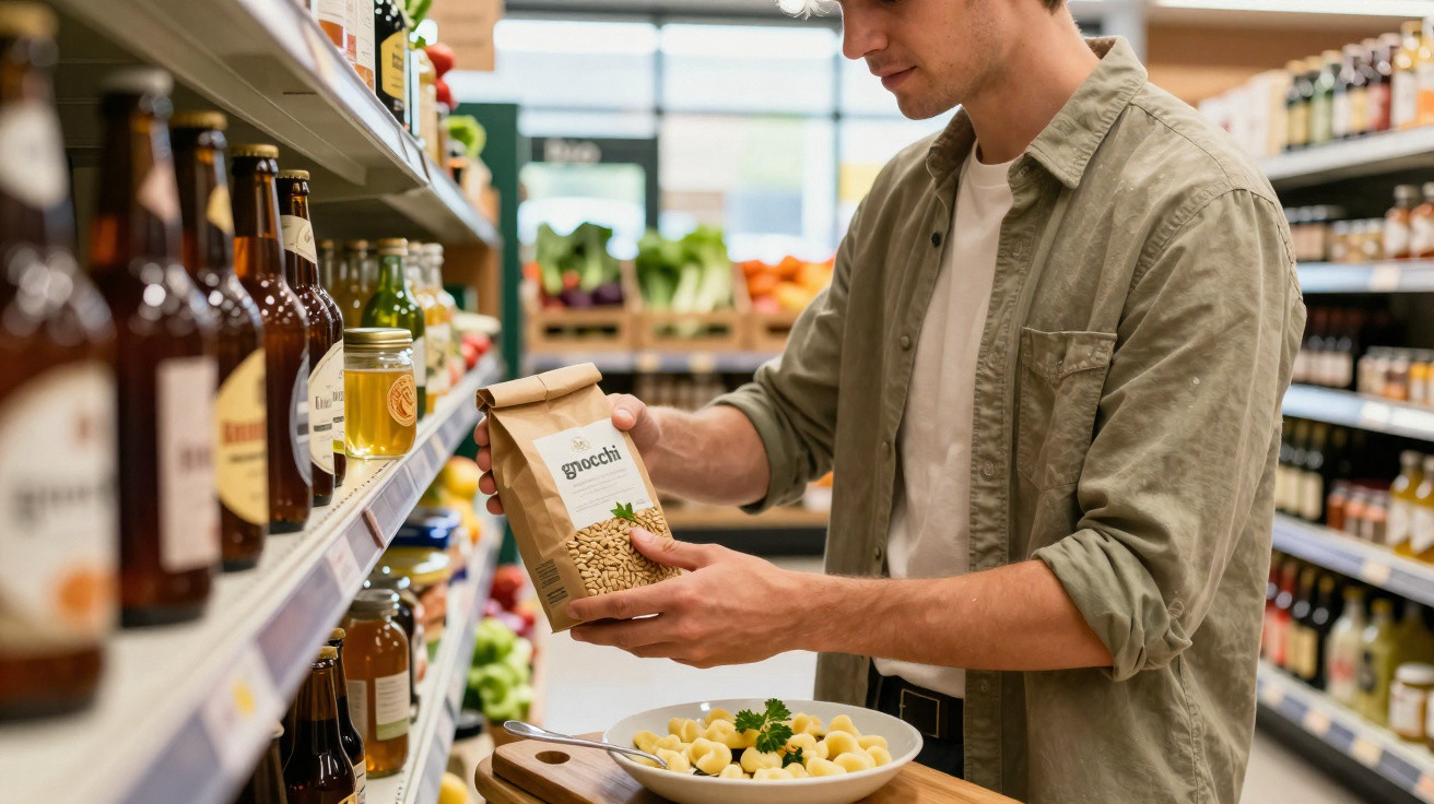 Mann liest Zutaten auf einer Gnocchi-Packung im Supermarkt vor einem Teller mit Gnocchi und Petersilie.