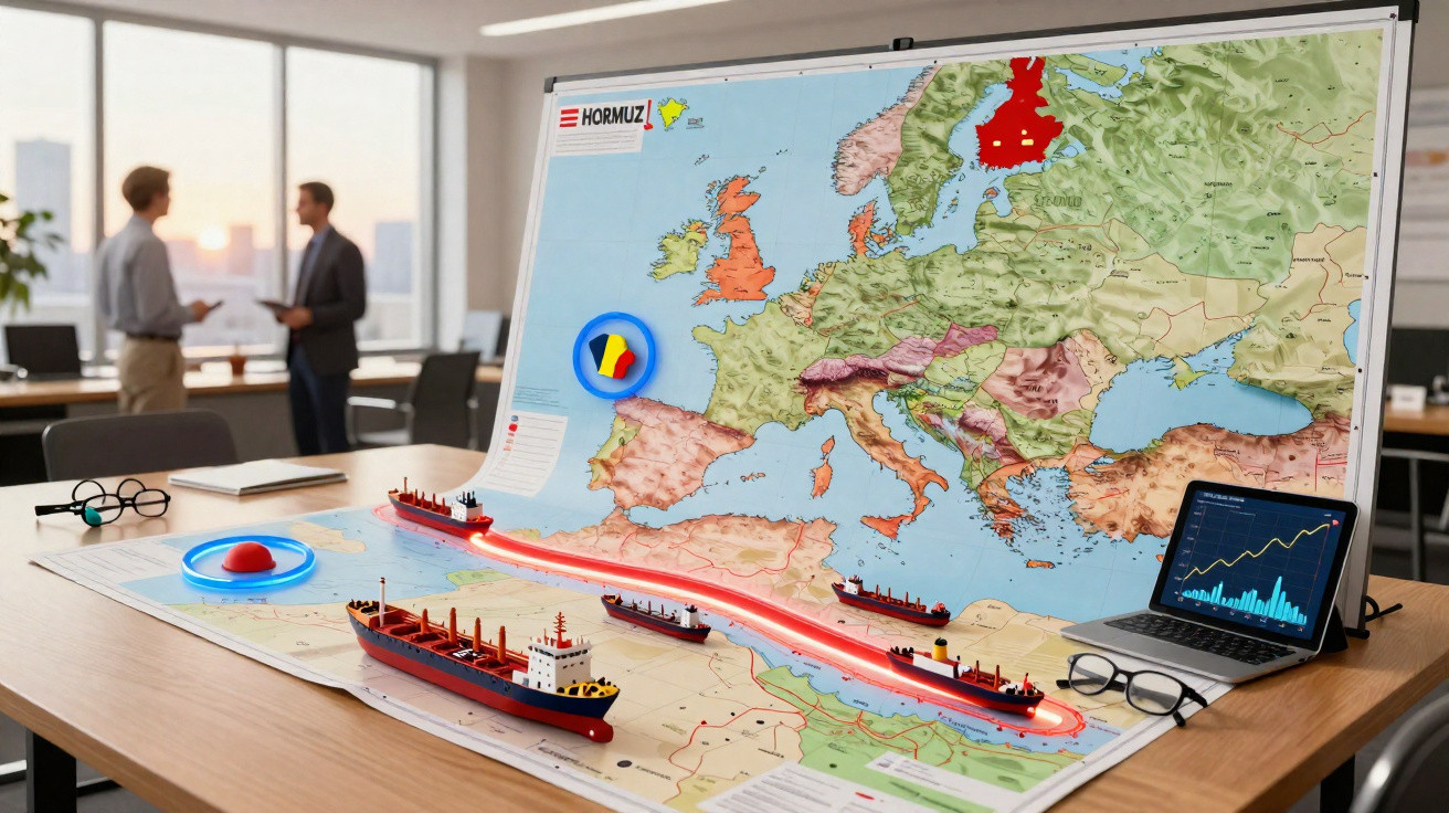 3D-Schiffsrouten auf Europakarte im Büro mit zwei Männern im Hintergrund und Laptop mit Chart.