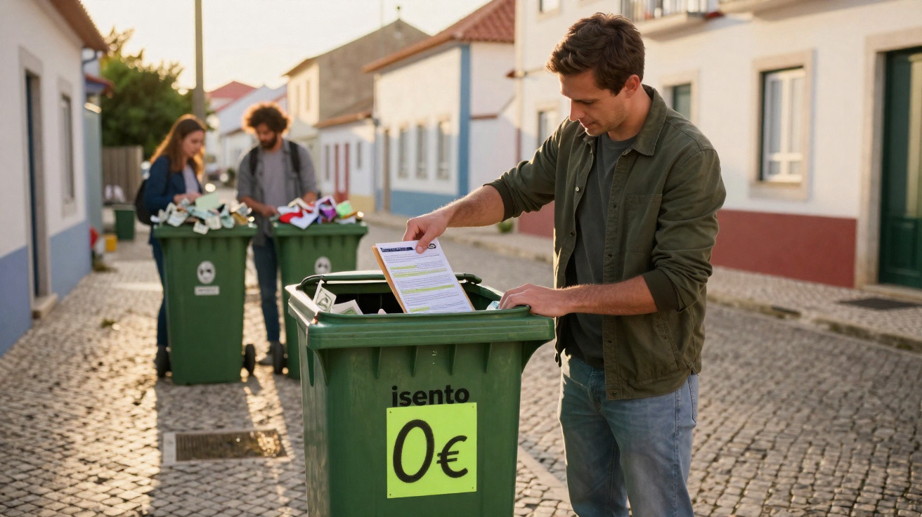Mann wirft Papier in grüne Mülltonne, zwei Personen entsorgen Schuhe in weiteren Tonnen auf gepflasterter Straße.