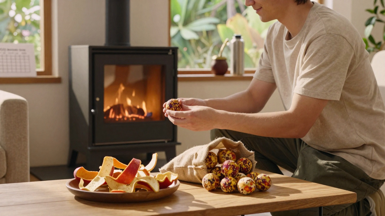 Person hält Deko-Kugel vor Kamin, auf Tisch Schale mit getrockneten Orangenschalen und Jutesack mit weiteren Kugeln.