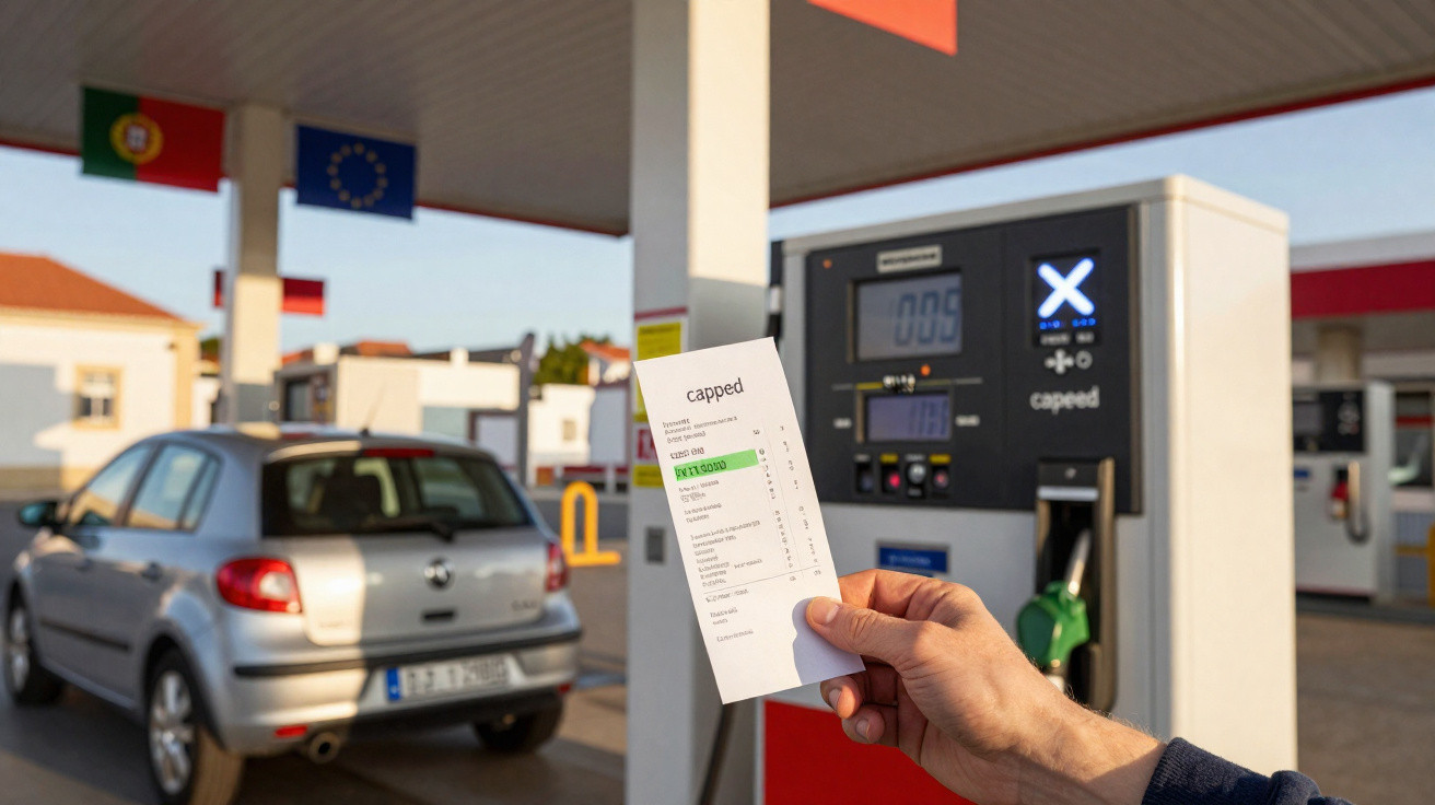 Person hält Tankquittung an Zapfsäule einer Tankstelle, im Hintergrund Auto und Fahnen sichtbar.