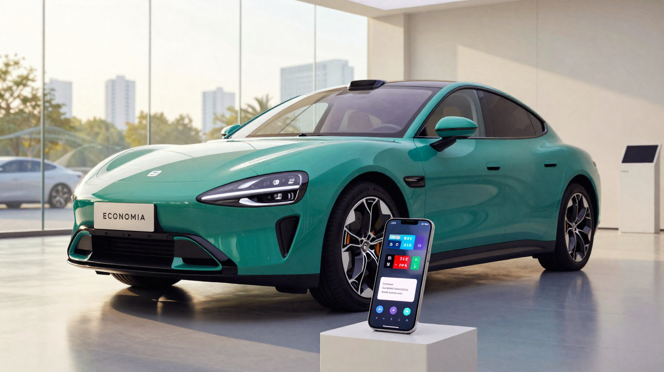 Grünes Elektroauto der Marke Economia in hellem Showroom mit Smartphone auf Podest im Vordergrund.