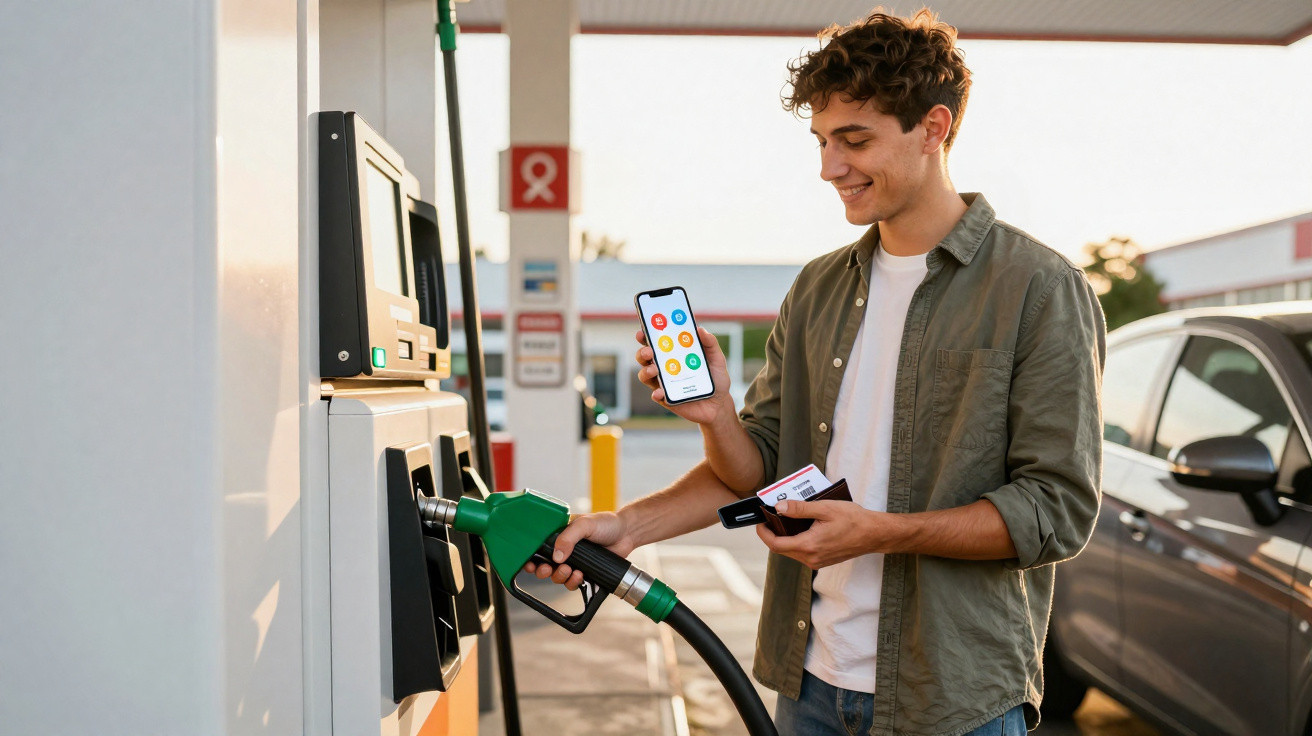 Junger Mann betankt Auto an Zapfsäule und hält Smartphone mit App zur Zahlung in der Hand.
