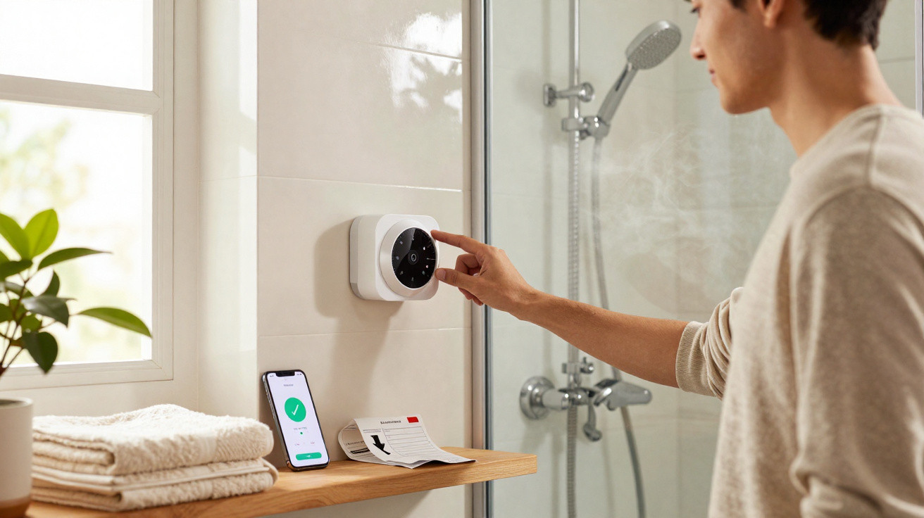 Mann stellt thermostat an Badezimmerwand neben Dusche und Handtüchern mit Smartphone auf Regal ein.