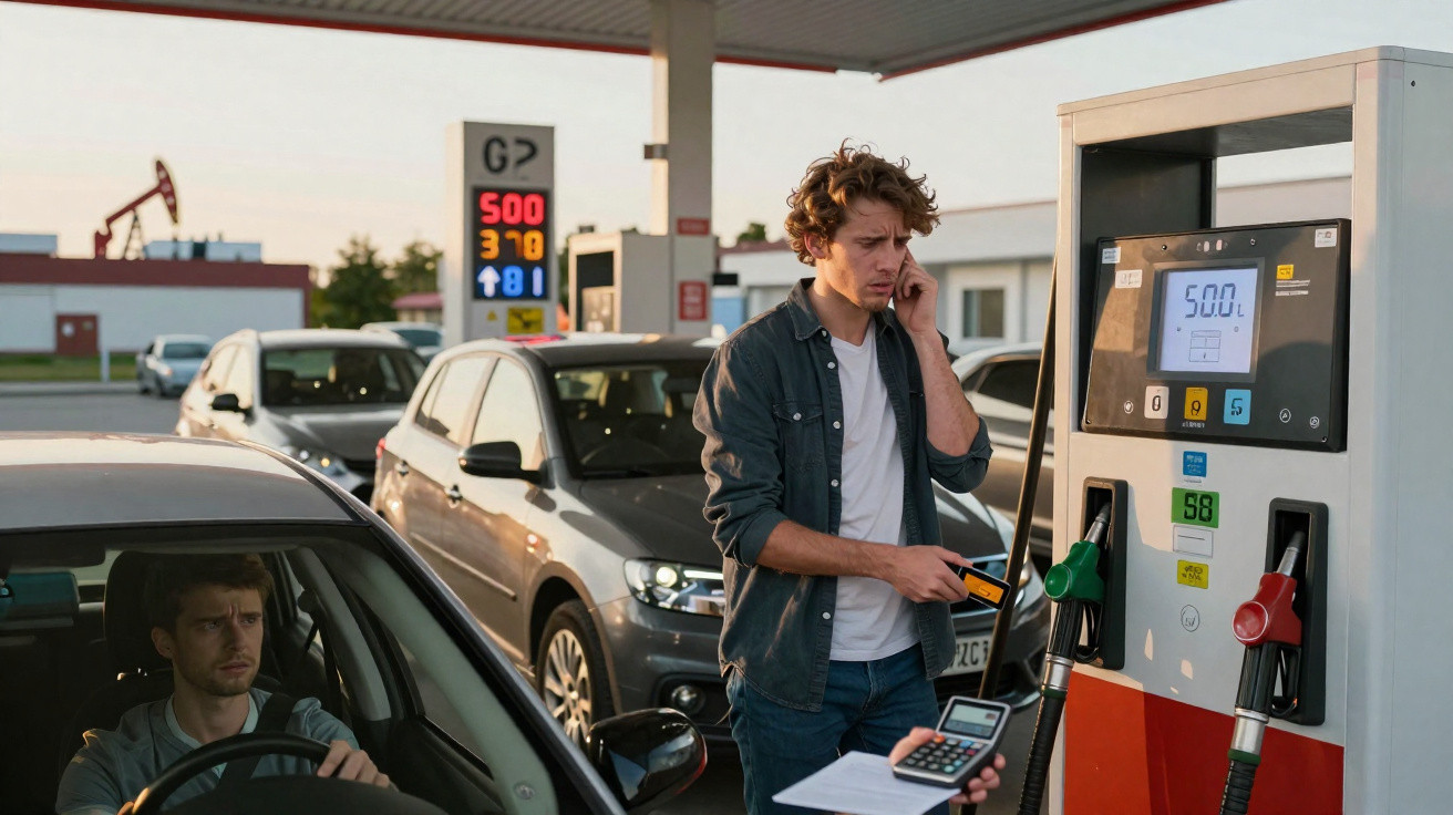 Mann an Tankstelle telefoniert und zahlt, Autoschlangen warten auf Benzin bei steigenden Preisen.