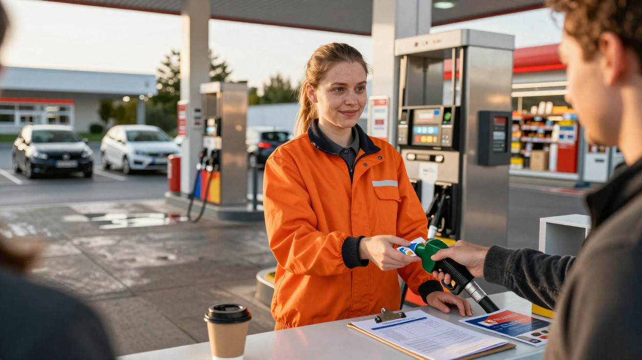 Tankstellenmitarbeiterin in orangener Jacke reicht Kunden an der Zapfsäule eine Karte über den Tresen.