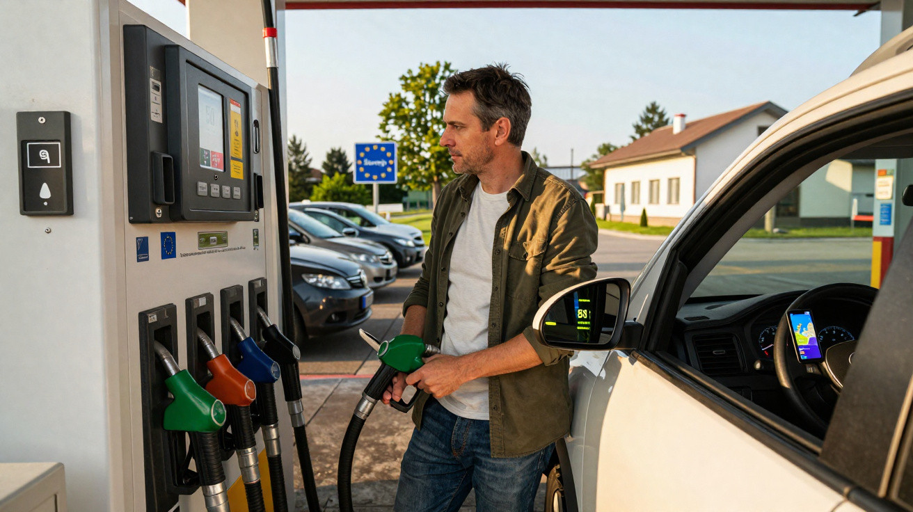 Mann tankt Auto an Zapfsäule an einer Tankstelle an einem sonnigen Tag.