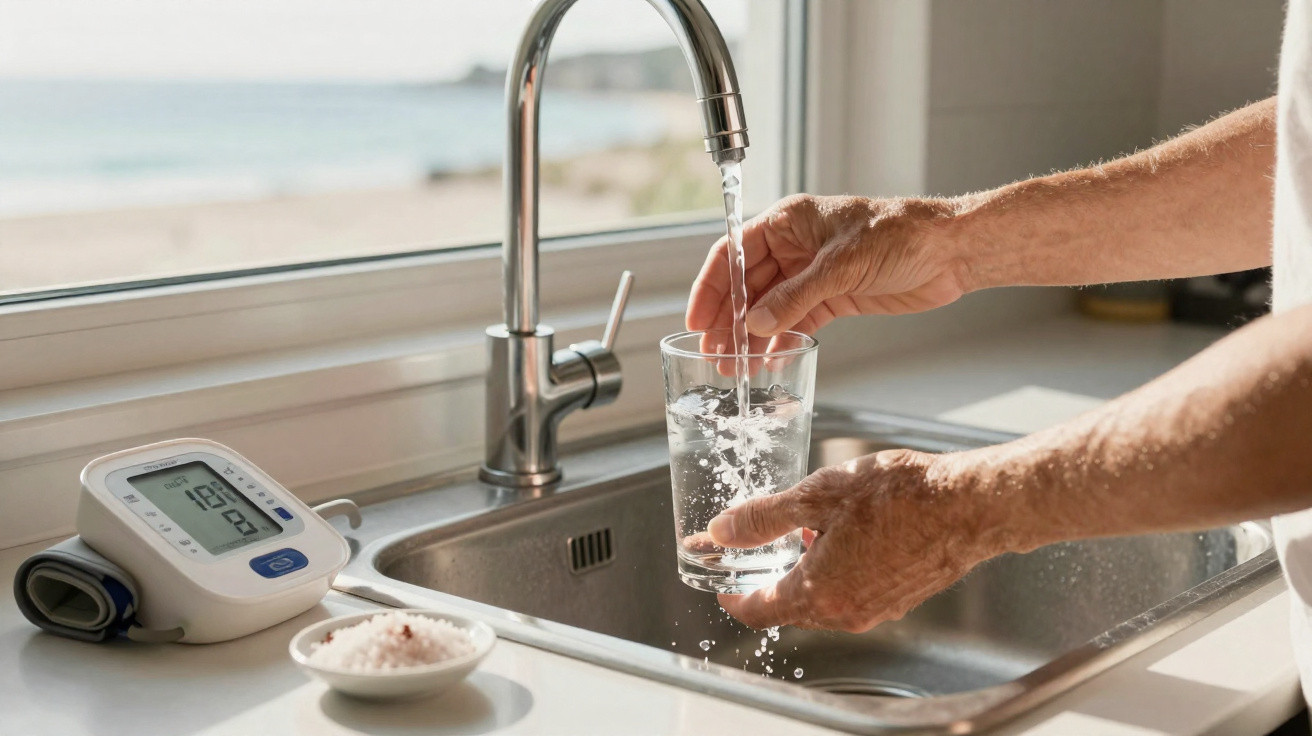 Person füllt ein Glas mit Wasser aus dem Wasserhahn in der Küche mit Meerblick, Blutdruckmessgerät neben der Spüle.