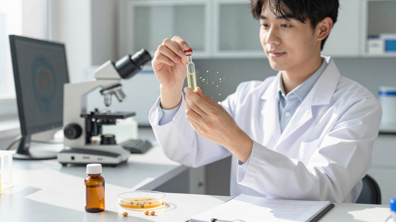 Wissenschaftler im Labor untersucht Reagenzglas mit Flüssigkeit, Mikroskop und Computer im Hintergrund.