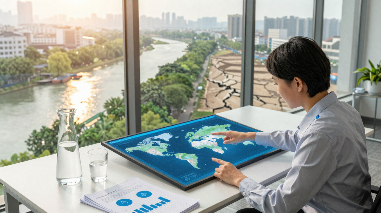 Person in Büro tippt auf digitale Weltkarte mit Statistiken, Fluss und Stadt im Hintergrund sichtbar.