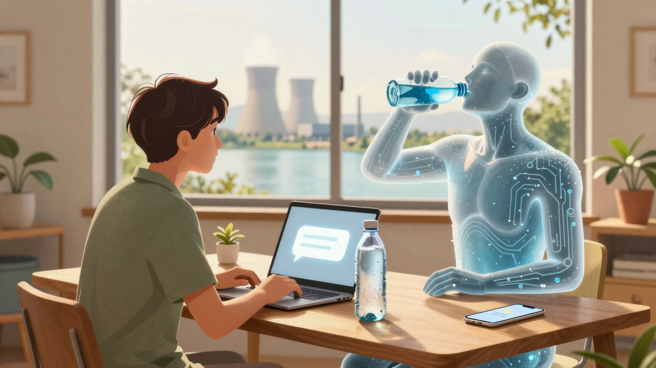 Junger Mann arbeitet am Laptop, neben ihm trinkt eine digitale, futuristische Figur Wasser am Tisch.