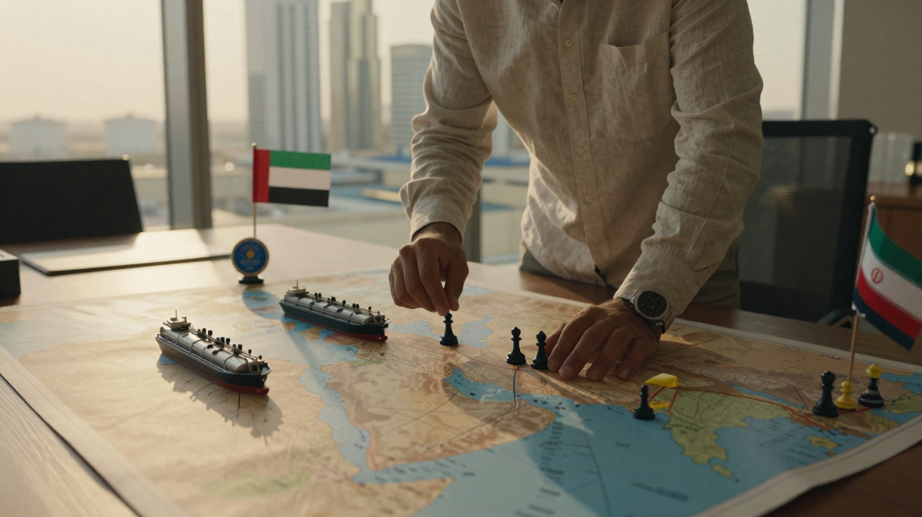 Person bewegt Spielfigur auf Weltkarten-Tisch mit Modellschiffen und Flaggen der Vereinigten Arabischen Emirate und Iran.