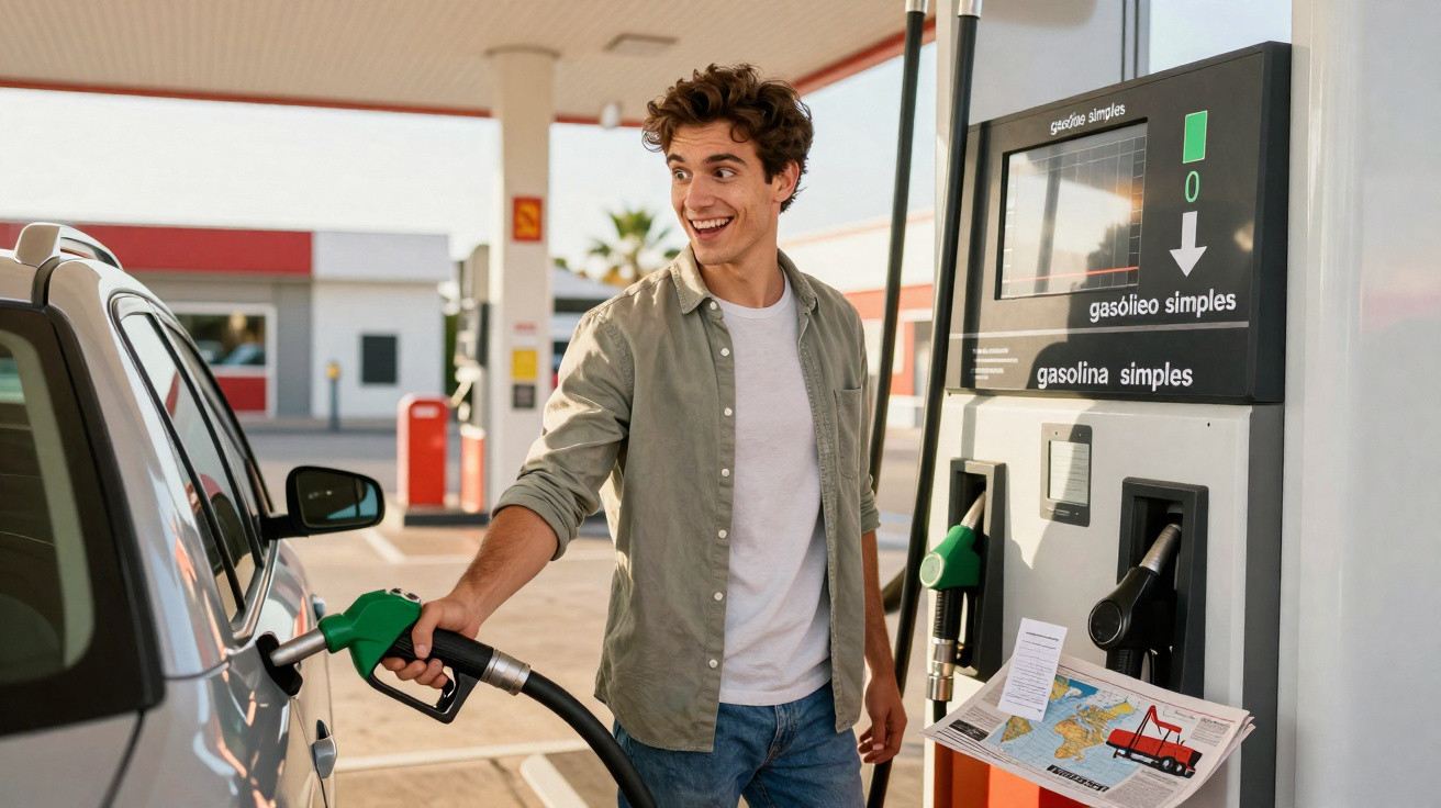 Junger Mann tankt an einer Zapfsäule an der Tankstelle und lächelt nach links.