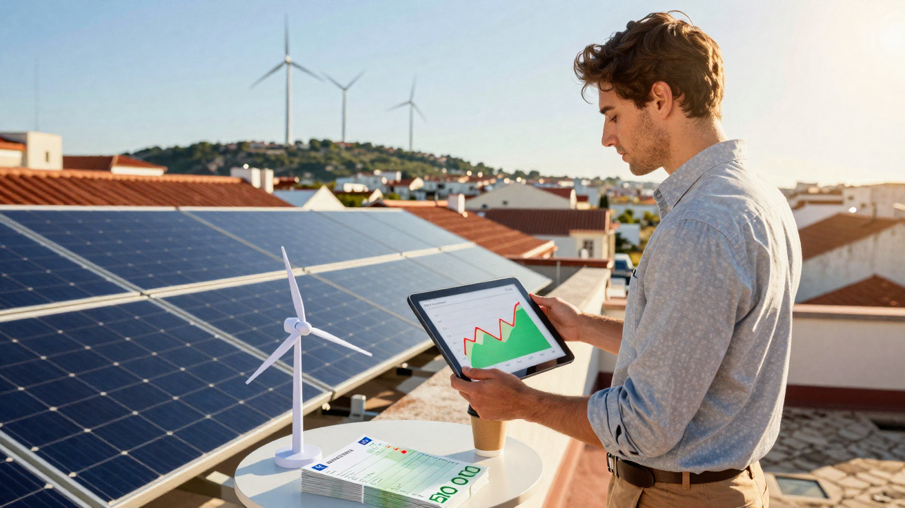 Mann analysiert Energiedaten auf Tablet neben Solarpanels und Mini-Windrad auf Dach bei Sonnenschein.