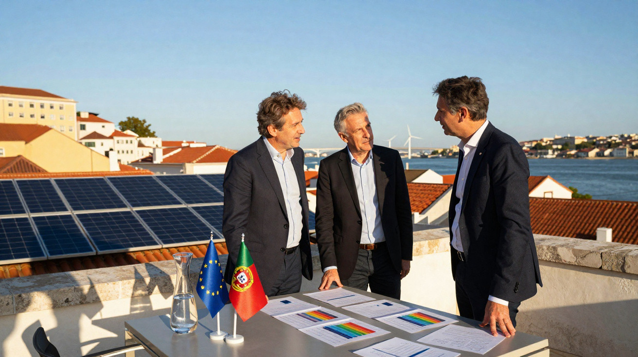 Drei Männer im Anzug diskutieren bei Sonne auf Dachterrasse mit Solarpanels und EU- sowie Portugal-Flagge.