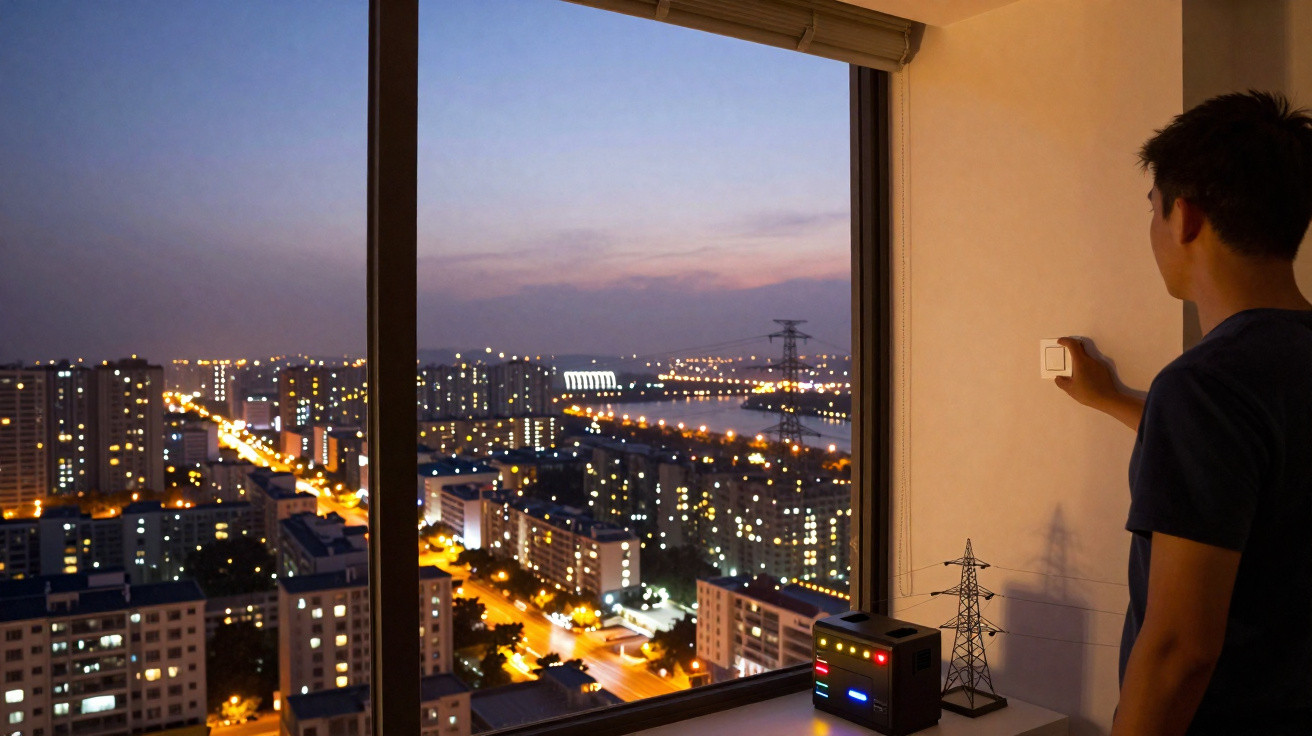 Person schaltet Lichtschalter an, Blick aus Hochhausfenster auf beleuchtete Stadt bei Nacht.