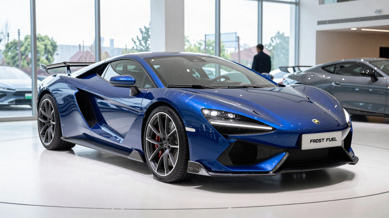 Blauer Sportwagen mit aerodynamischem Design steht in modernem Autohaus vor großen Fenstern.