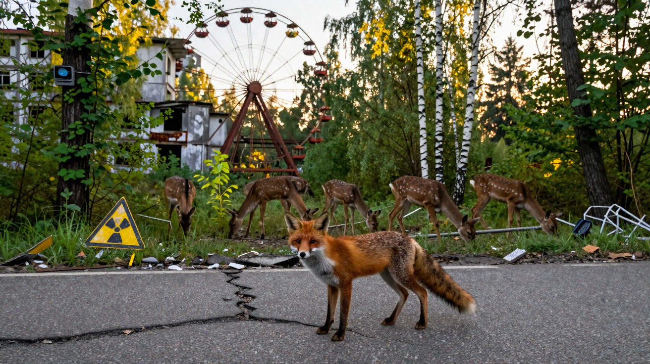Ein Fuchs steht auf einer rissigen Straße vor einer verlassenen Geisterstadt mit Rehen und Riesenrad im Hintergrund.