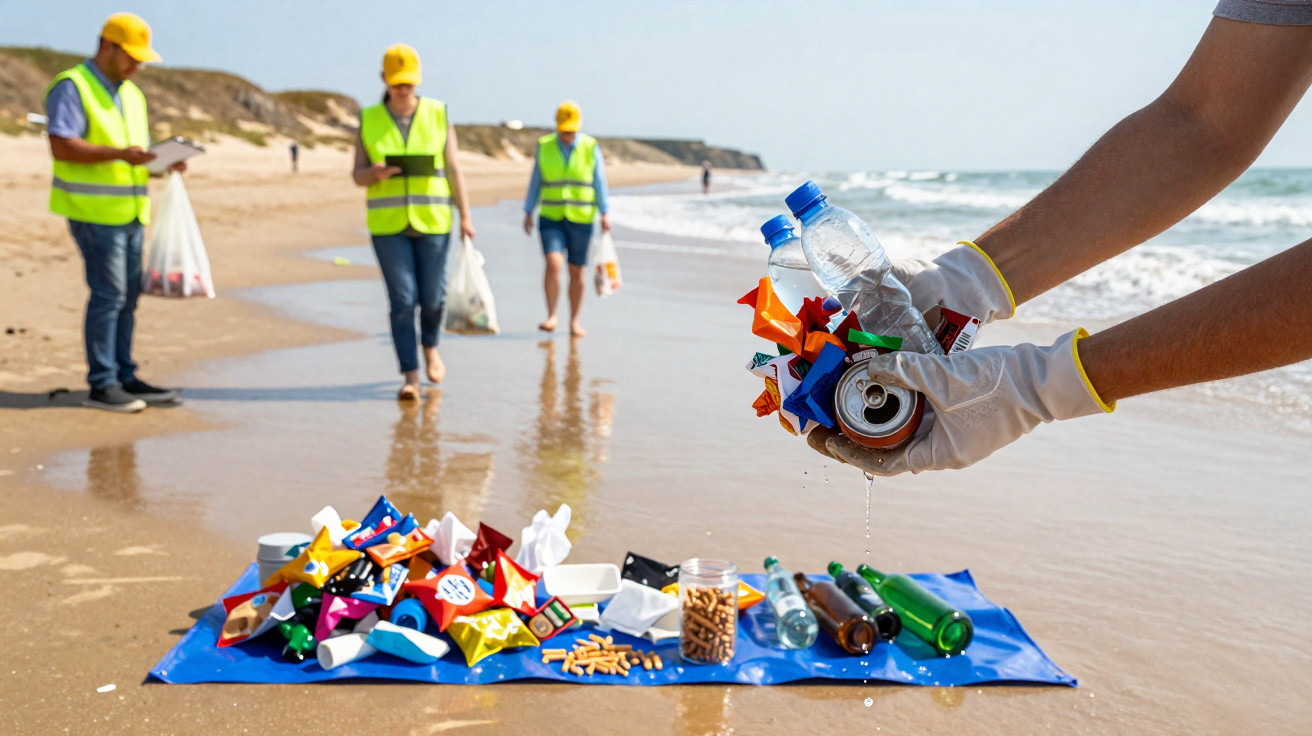 Freiwillige sammeln Müll am Strand, eine Person hält Plastikflaschen und Dosen mit Handschuhen.