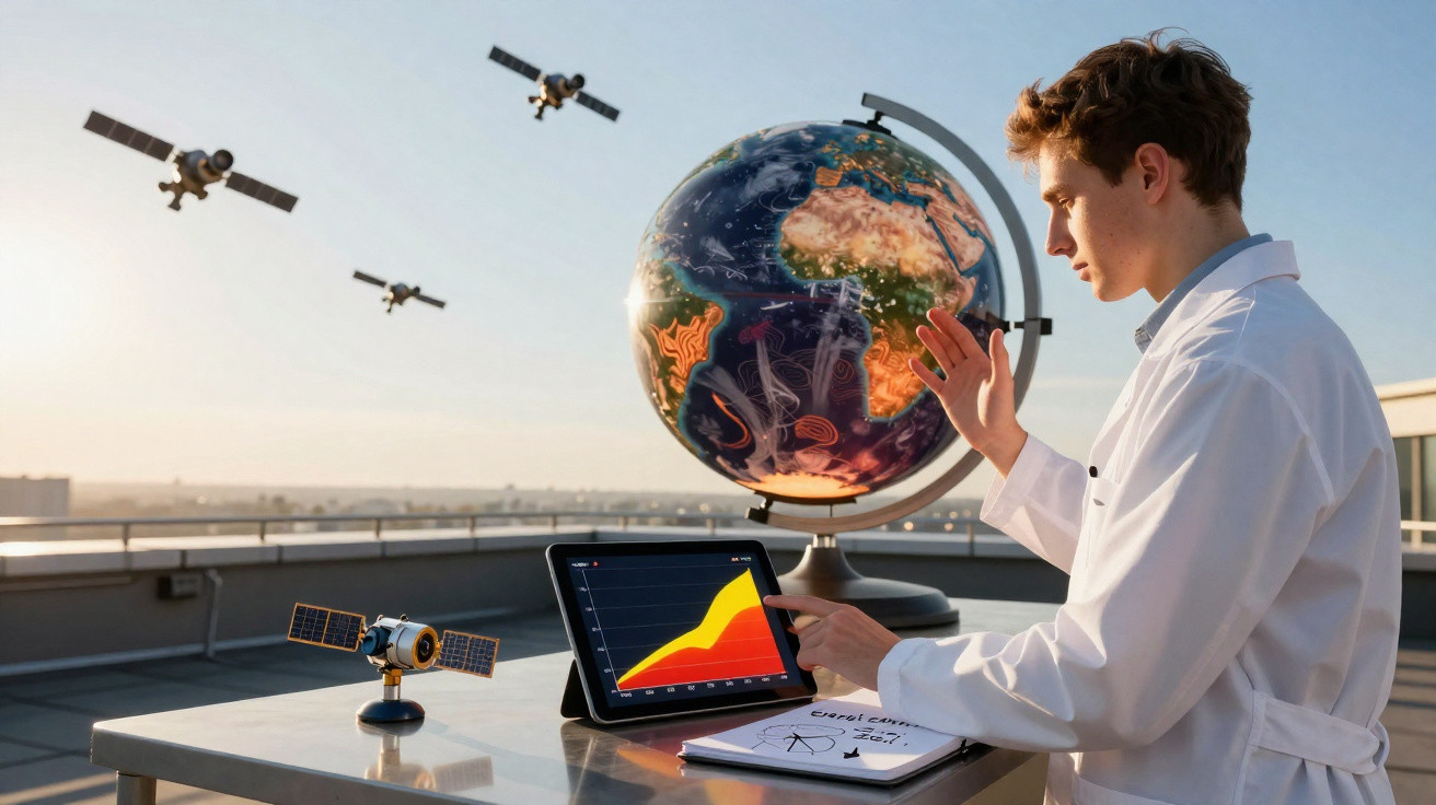 Junger Wissenschaftler mit Tablet und Erdkugel auf Dach, Satelliten im Hintergrund und Diagramm zur Erderwärmung.