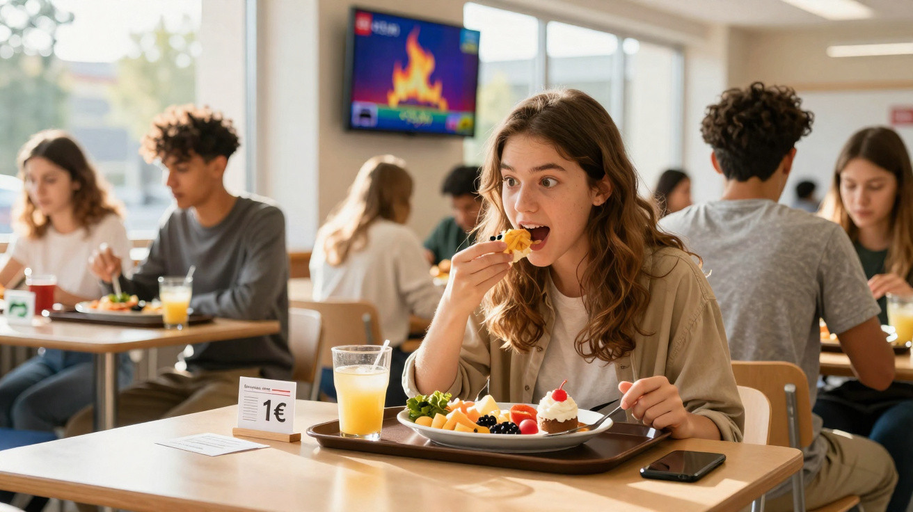 Junge Frau isst in der Schulkantine mit Obst, Salat, Saft und Dessert vor anderen Schülern.