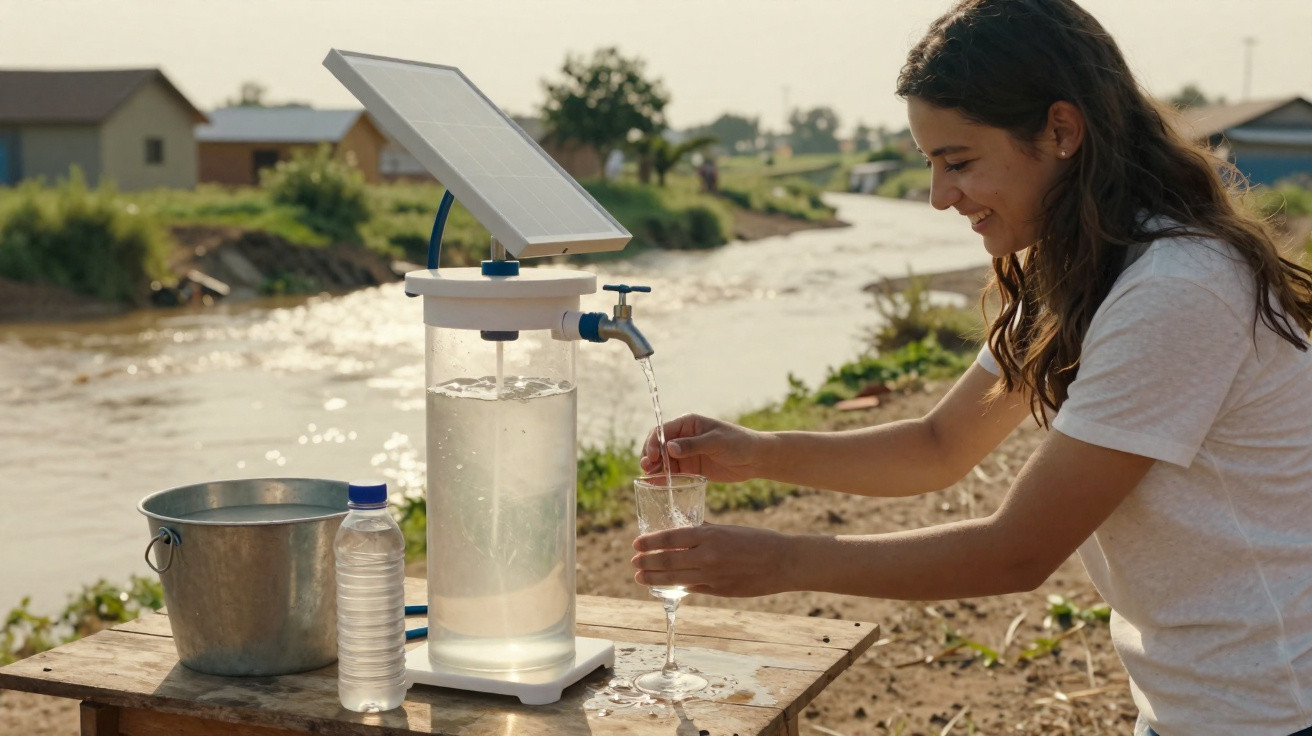 Frau füllt Glas mit Wasser aus Solarwasserfilter neben Fluss in ländlicher Umgebung.