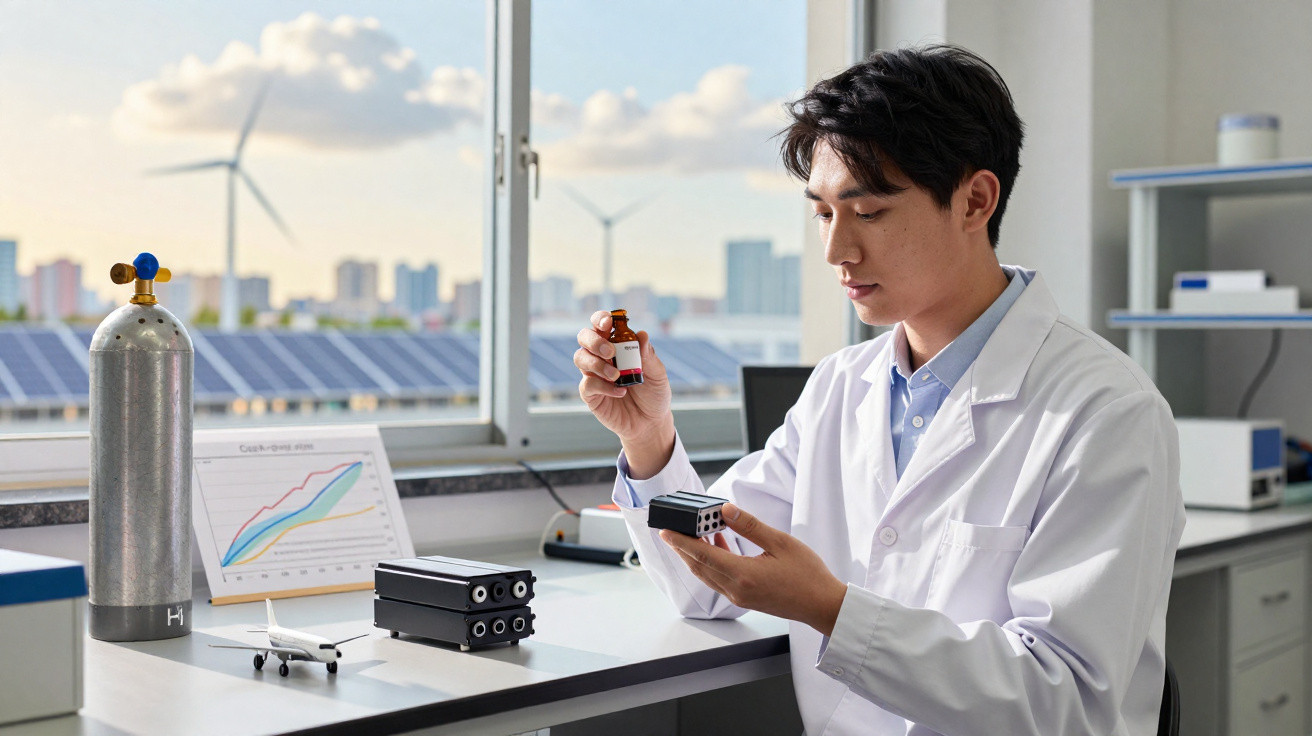 Wissenschaftler im Labor untersucht Batterie und Flüssigkeit, mit Solarzellen und Windrädern im Hintergrund.