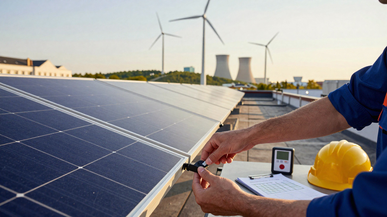 Handwerker überprüft Solarmodule auf Dach mit Windrädern und Kühltürmen im Hintergrund bei Sonnenuntergang.