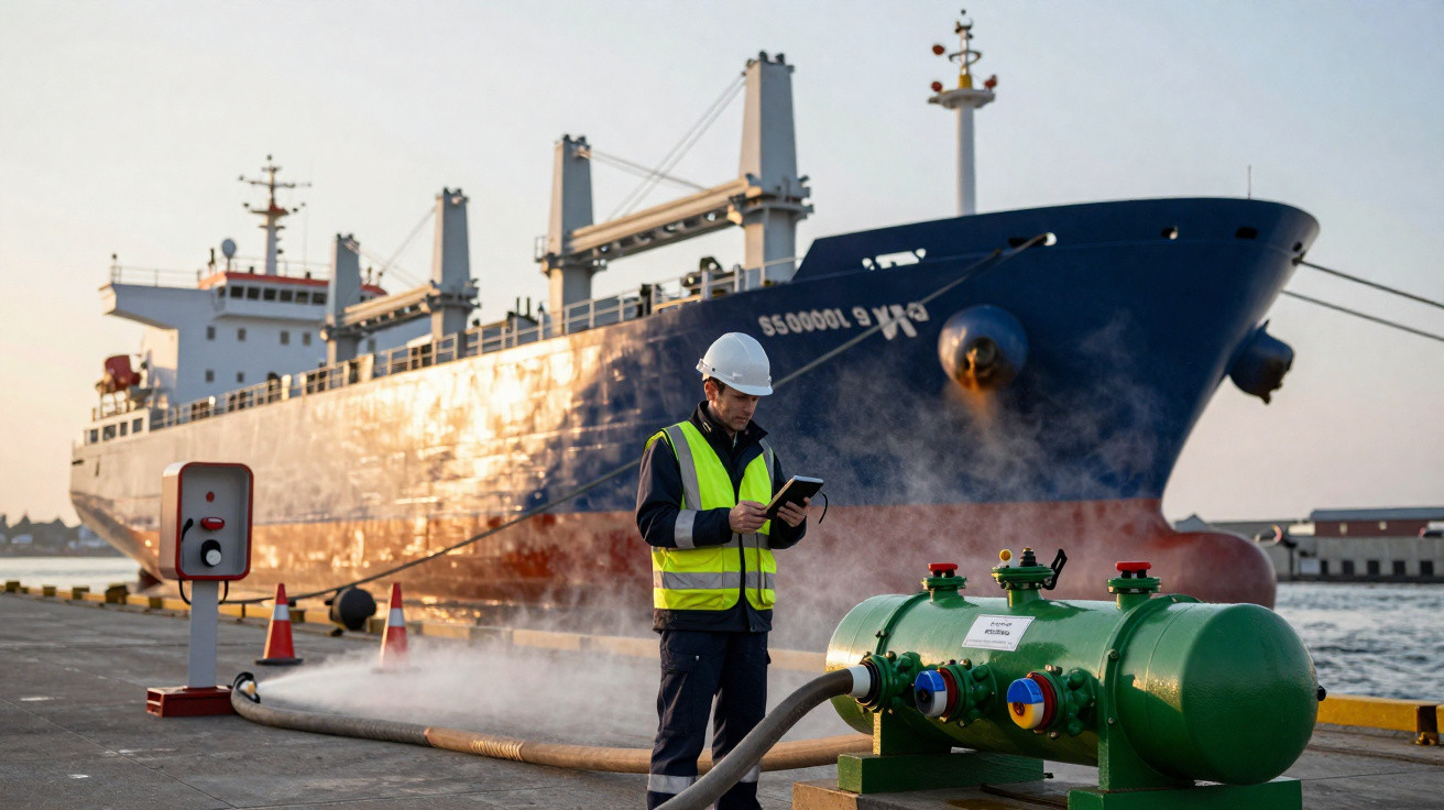 Mann mit Schutzhelm und Warnweste arbeitet am Hafen vor Frachtschiff und dampfendem grünen Industriegerät.