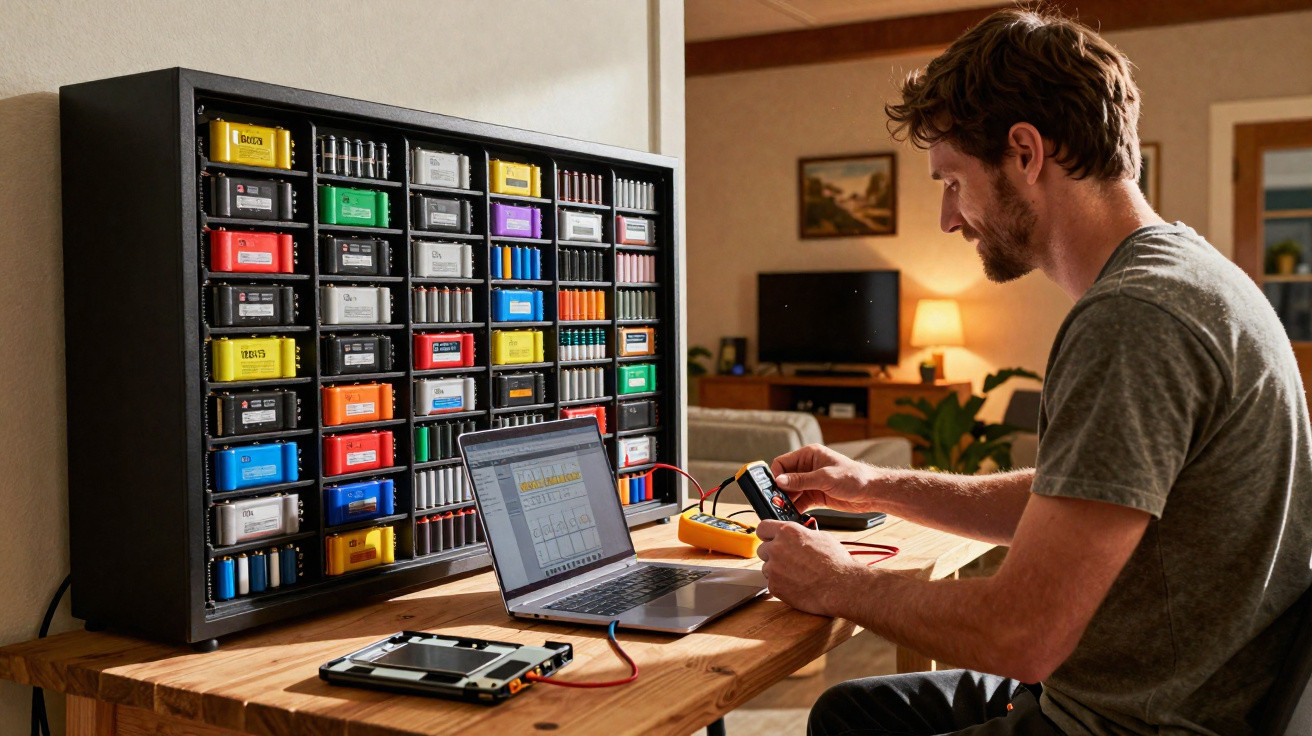 Mann arbeitet mit elektronischen Bauteilen und Laptop an einem Holztisch in einem Wohnzimmer.
