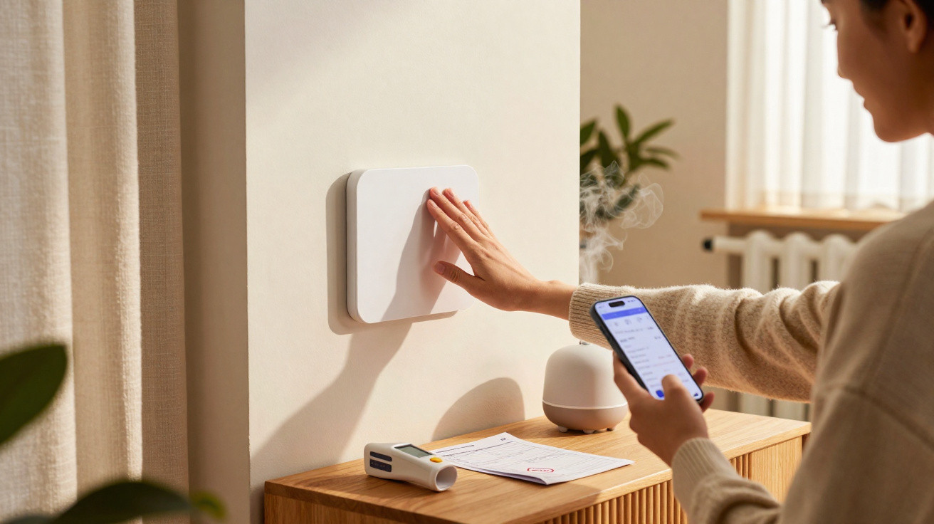 Person bedient smartes Wandgerät mit einer Hand, hält Smartphone in der anderen Hand, auf Holztisch liegen Dokument und Gerät