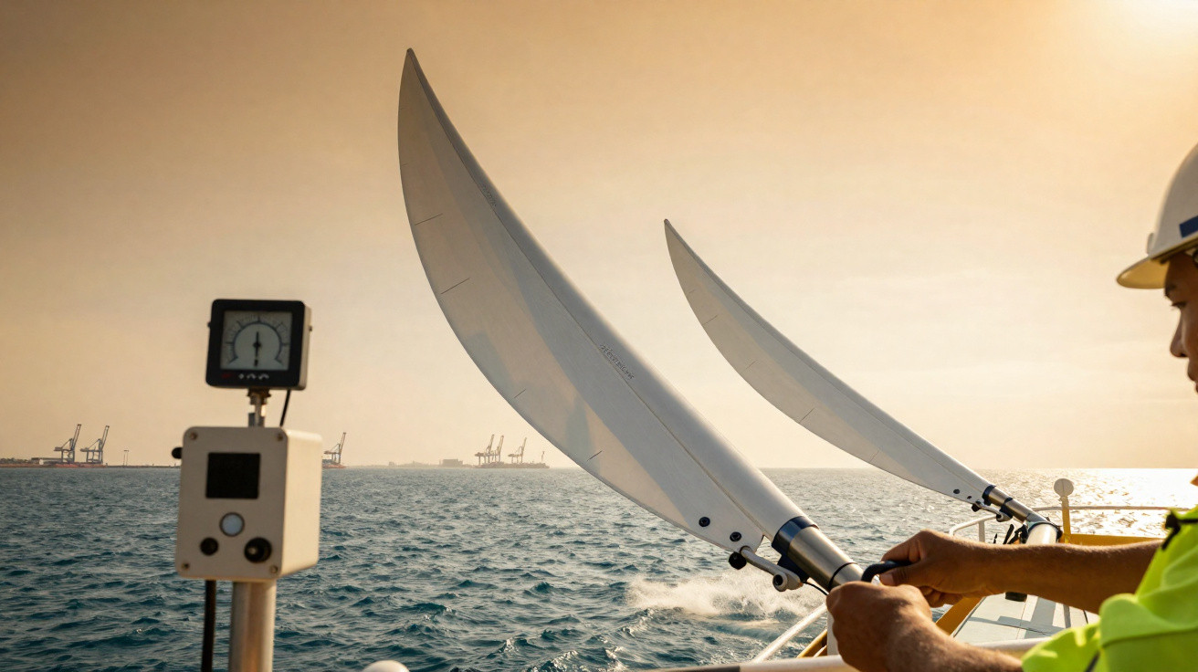 Mann in Helm steuert großes, gebogenes Propellerblatt an Bord eines Schiffes bei Sonnenuntergang.