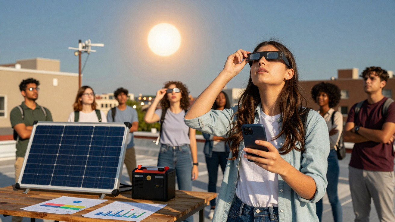 Gruppe junger Menschen auf Dach beobachtet Sonnenfinsternis mit Schutzbrillen neben Solarpanel und Ausrüstung.