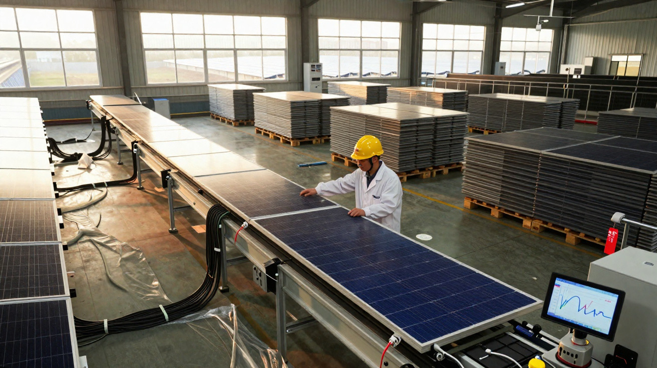 Arbeiter mit Helm prüft Solarpanels auf Förderband in moderner Produktionshalle mit Palettenstapel.