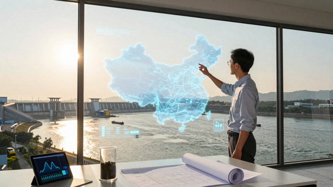 Mann steht vor Fenster mit digitaler Karte von China, Fluss und Staumauer im Hintergrund, Büro mit Tablet und Plänen.