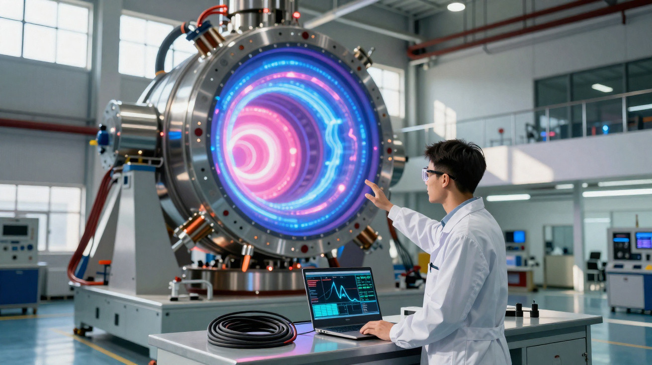 Wissenschaftler im Labor bedient Laptop vor großem, leuchtendem, futuristischem Gerät mit Neonröhren.