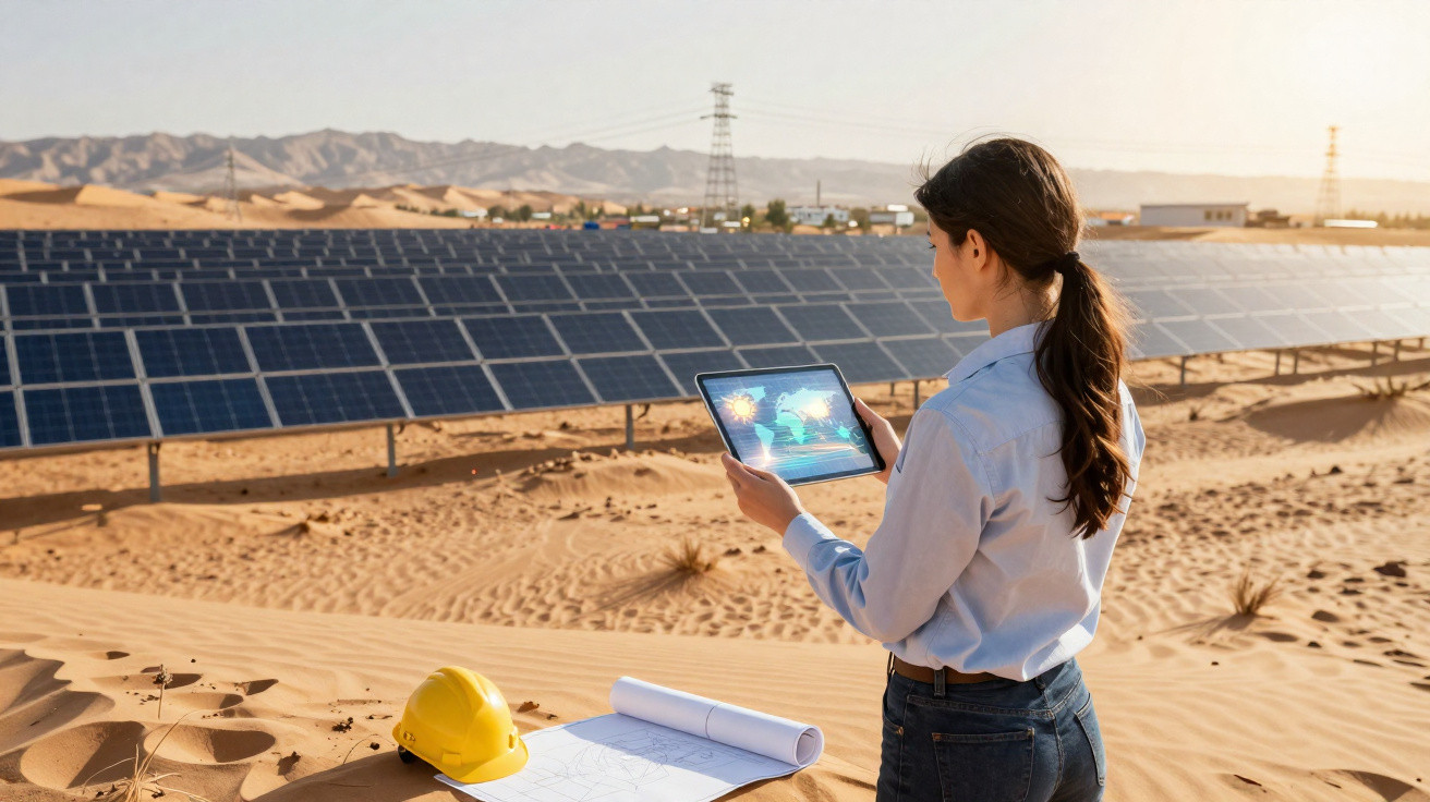Frau mit Tablet vor Solaranlage in Wüstenlandschaft, gelber Schutzhelm und Baupläne im Sand.
