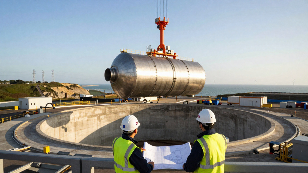 Zwei Bauarbeiter mit Schutzhelmen und Plänen beobachten das Heben eines großen Metalltanks an einer Küstenbaustelle.