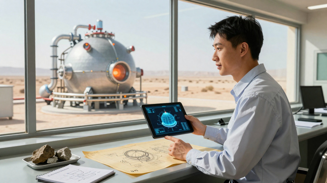 Ingenieur mit Tablet und technischen Zeichnungen überwacht futuristische Kapsel im Wüstenlabor.