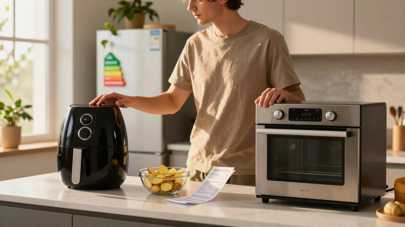 Junger Mann bedient Heißluftfritteuse in moderner Küche mit Ofen und Schüssel Kartoffeln auf Arbeitsplatte.