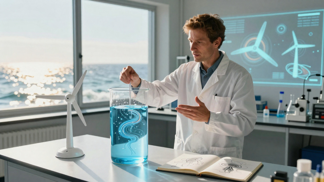Wissenschaftler im Labor untersucht blaues Wasser mit Technik-Diagrammen und Windradmodell am Fenster.